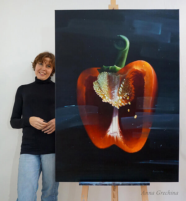 Картина с перцем "Спутники в космосе". Гречина Анна. Живопись, масло. Гиперреализм.