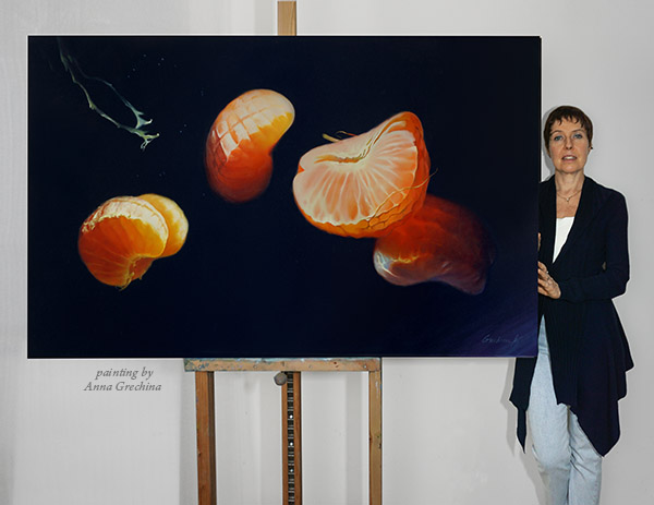 Картина с мандаринами. Живопись, масло, гиперреализм. Художник Гречина Анна.