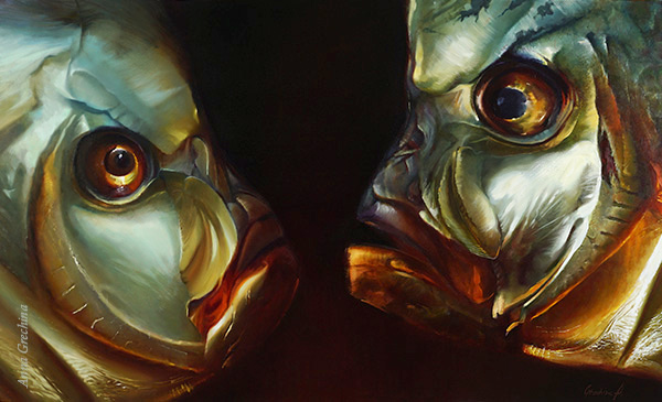 Картина "Рыбы, разговор. XXI век". Художник Анна Гречина, живопись, масло. Гиперреализм.